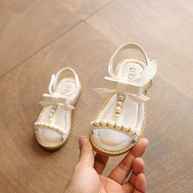 New Summer Kids Sandals Girls Shoes Baby Pearl Princess Sandals Fashion Beading Pu Leather Open Toe Flat Beach Sandals A618